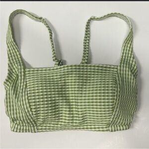 Xhiliration green and white check stripe retro style bikini top size D/D
